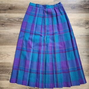 VTG 1987 TJ Thermo Jac Pure Wool Pleated Midi Skirt Teal/Purple Plaid Waist 30"